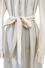 Amazing 1970s Yves Saint Laurent Silk Ivory Full Tent Dress w Belt, Ruffled Edges & Full Sleeves