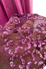 Rare 1970s Bill Gibb Deep Pink Ombre Hand Dyed Silk Chiffon Dress w Fused Glitter Detailing