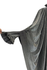 Spectacular 1970s Gina Fratini Metallic Deep Silver Lame Dress w Ruffle Collar & Angel Sleeves