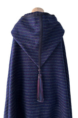 Fabulous Fall 1976 Yves Saint Laurent Striped Blue Wool Knee Length Cape w Hood & Tassel Detailing