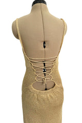 Amazing 1990s Gianni Versace Gold Metallic Knit Dress w Open or Lace up Back & Side Slit