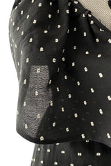 Dreamy 1981 Halston White Embroidered Dot on Black Wrap Off Shoulder Dress w Caped Neckline