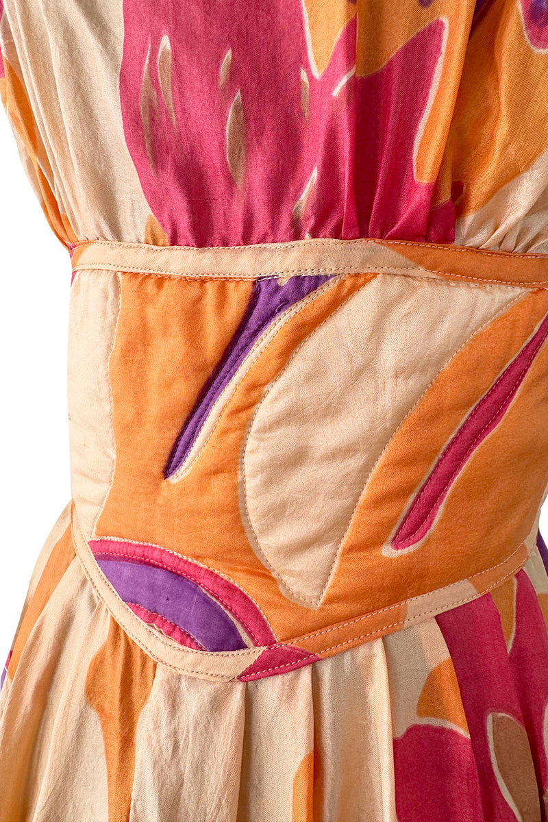 Amazing Late 1970s Bill Tice Printed Tissue Silk Backless Jumpsuit w Balloon Pouf Legs