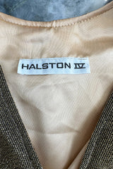 Wonderful 1970s Halston Metallic Gold Lame Lurex Full Length Caftan Dress w Notched Neckline