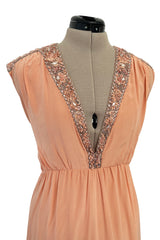 Documented 1960s Tiziani Couture by Karl Lagerfeld Peach Silk Plunge Dress w Matching Feather Cape