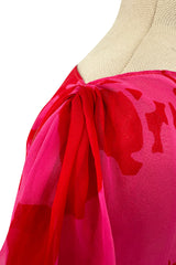 Dreamiest 1990s Yves Saint Laurent Oversized Floral Print Pink & Red Silk Chiffon Caftan Dress