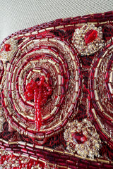 Stunning 1960s Paul Whitney Numbered Strapless Beaded Gold & Red Silk Brocade Dress