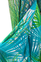 Phenomenal c.1972 La Mendola Hand Beaded Green Printed Caped One Shoulder Silk Jumpsuit