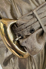 Fabulous c.1986 Thierry Mugler Strapless Metallic Gold Lurex Mini Dress w Buckle Detail