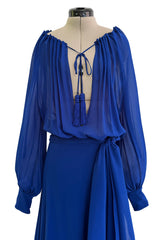 Superb Spring 2013 Yves Saint Laurent Hedi Slimane Debut Runway Blue Dress Silk Chiffon w Matching Cape & Sash