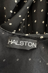 Dreamy 1981 Halston White Embroidered Dot on Black Wrap Off Shoulder Dress w Caped Neckline