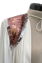 Late 1970s Ossie Clark White Jersey w Silver & Bronze Sequin Halter Dress w Matching Jacket