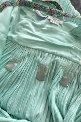 Incredible 1980s Mary McFadden Couture Pastel Teal Green Pleated Dress w Hand Beading