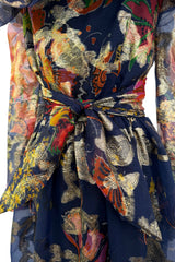 Prettiest 1960s Oscar de la Renta Metallic Thread Detailed Silk Organza Printed Off Shoulder Dress