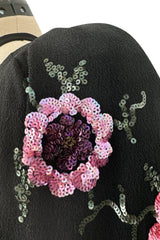 Prettiest 1920s Hickson Inc. Black Moss Crepe Dress w Tie Neck & Hand Sequinned Sleeves