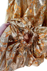 Incredible 1960s Unlabeled Gold Metallic Brocade Pouf Leg Jumpsuit w Gold Cord & Bead Detailing