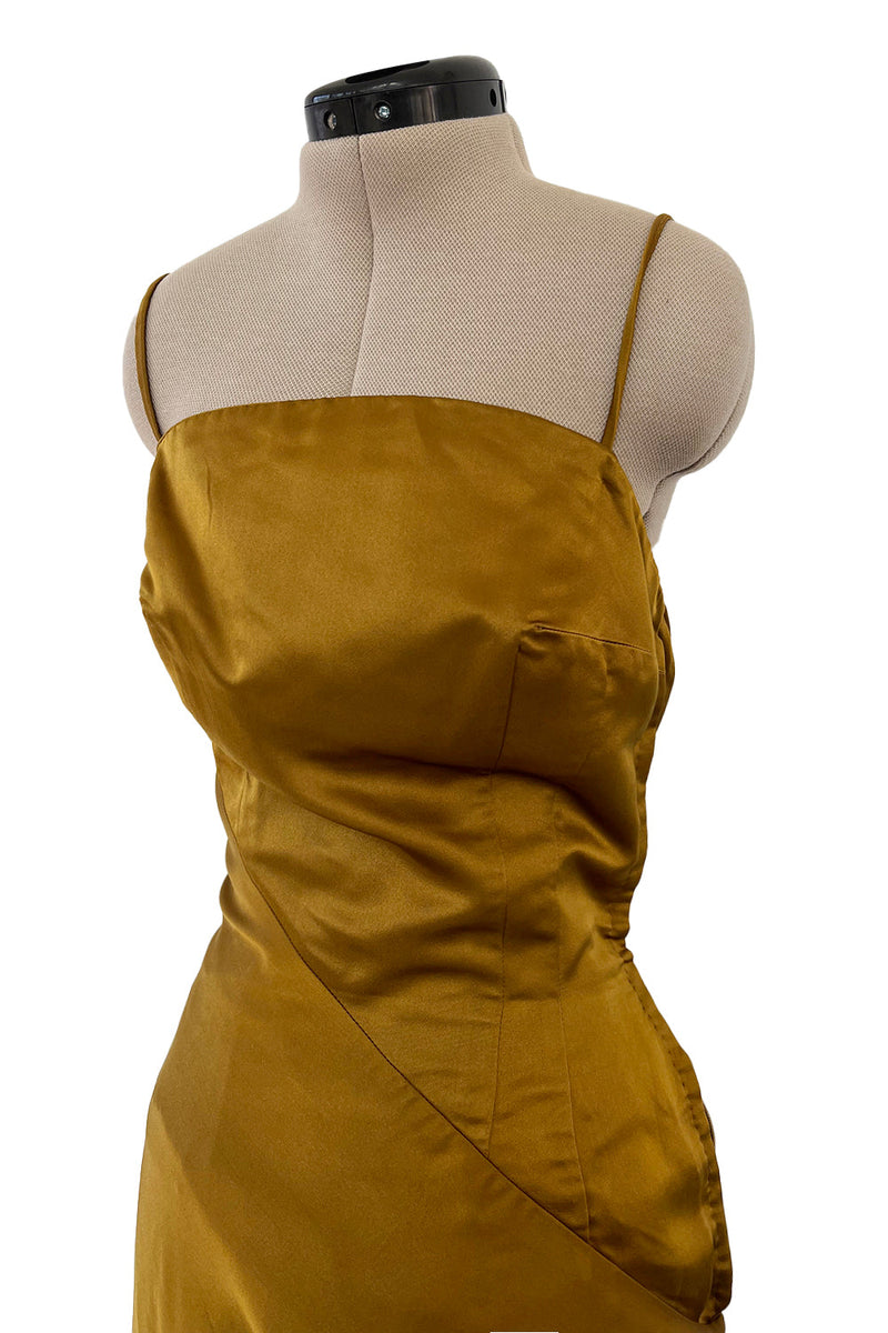 Stunning 1968 Mr Blackwell Custom Deep Copper Gold Silk Dress w Hip Swag & Flower Pin