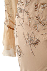 2000s Christian Dior by John Galliano Peach Silk Chiffon & Silver Beaded Bias Cut Dress