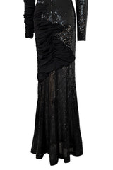 Amazing 1970s Loris Azzaro Black Sequin & Jersey Inset Dress w Low V Back
