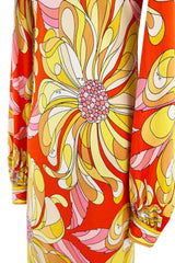 Gorgeous 1960s Emilio Pucci Brilliant Citrus Coloured Silk Jersey Dress w Huge Floral Print