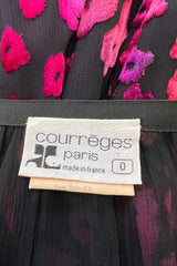 Prettiest 1970s Courreges Bright Pink Floral Velvet on Black Silk Chiffon Dress w Numbred Label
