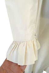 Amazing 1970s Yves Saint Laurent Silk Ivory Full Tent Dress w Belt, Ruffled Edges & Full Sleeves