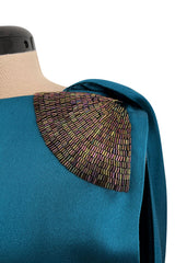 Amazing 1980s Bill Blass Bias Cut Deep Teal Silk Dress w Bead Detailing & Draped Low Back
