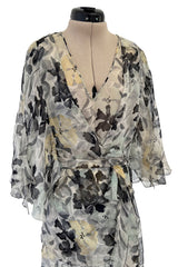 Dreamy 1920s Unlabeled Feather Light Floral Print Silk Chiffon Dress w Jacket