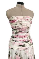 Prettiest 1970s Lanvin Couture Pastel Floral Print Strapless Silk Chiffon Dress w Balloon Sleeve Jacket