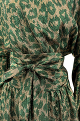 Incredible Fall 1979 Halston Runway Feather Light Green & Metallic Gold Lurex Dress w Original Belt