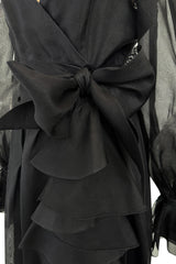 Chic 1970s Bill Blass Black Silk Organza Dress w Balloon Sleeves & Ruffle Detailed Full Skirt