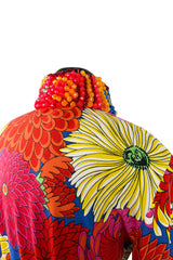 Fabulous 1970s Hanae Mori Bright Floral Print Jersey Pant & Top Set w Beading