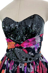 Stunning c 1990 Geoffrey Beene Strapless Sequin Bodice & Floral Silk Taffeta Dress w Shawl