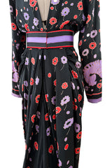 Rare Spring 1979 Chloe by Karl Lagerfeld Floral & Stripe Print Silk Dress w Matching Striped Belt