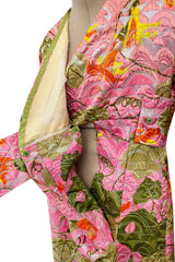 Stunning Fall 1970 Bill Blass Pink Quilted Silk Floral Pattern Metallic Dress w Banded Waist
