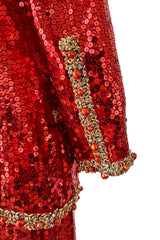 Bright Red 1980s Balenciaga Le Dix Sequin Jacket & Skirt Suit w Gold Braiding & Beadwork Detailing