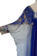 1960s Bloomingdales Label Royal Blue Silk Chiffon & Gold Thread Caftan