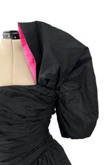 Striking 1980s Arnold Scaasi Couture Black Silk Strapless Dress w Pink Lined Half Bow & Shawl