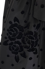 Fall 1974 Louis Mies Couture YSL Silk Taffeta Dress w Hand Embroidered Velvet Rose Detail