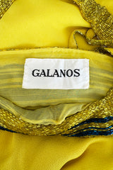 Exceptional 1960s James Galanos Yellow Silk Crepe w Blue & Yellow Beaded Back Cut Out Top