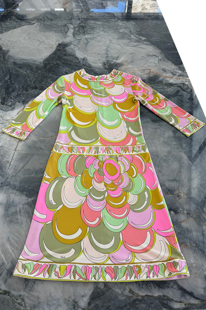 Prettiest 1960s Emilio Pucci Pale Pastel Curving Print Silk Jersey Dress w Contrasting Border