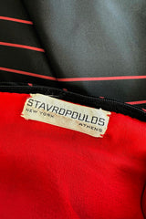 Exquisite Fall 1978 Stavropoulos Bias Cut Black Silk Dress w Red Striped Pattern & Red Underskirt