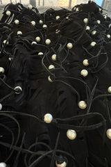 Rare 1980s Jan Faulkner Hand Made Black Suede Cut Out Mini Dress w Pearls & Fringe