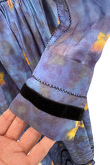 Prettiest 2000s Rochas by Olivier Theyskens Blue Silk Floral Watercolour Dress w Ruffles & Velvet Trim