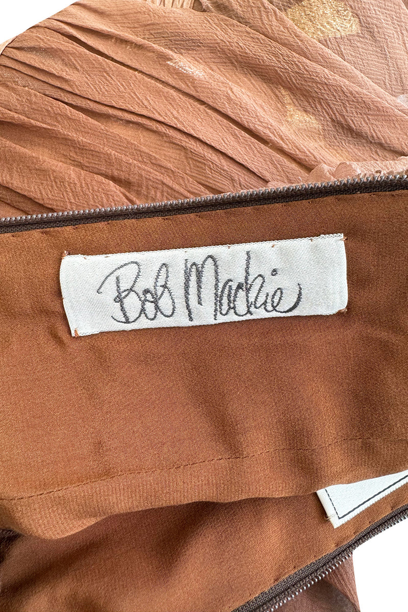 Dreamiest Fall 1989 Bob Mackie Runway Silk Chiffon w Metallic Leaf Print Underlay Strapless Dress