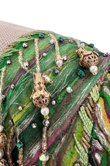 Exquisite 1960s James Galanos Metallic Green & Gold Silk Dress w Heavily Beaded Bodice
