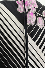 Prettiest 1970s Leonard Paris Printed Silk & Black Jersey Dress w Plunge Front & Silk Chiffon Sleeves