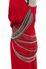 Fabulous 2000s Versace by Donatella Red Crepe Dress w Rhinestone & Silver Chain Detailing
