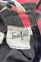 Fabulous 1960s Josefa Hand Muted Charcoal & Coral Cotton Caftan w Hand Embroidered Details