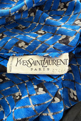 Divine Fall 1979 Yves Saint Laurent True Haute Couture Blue Silk Harlequin Print Dress w Ruffled Cuffs